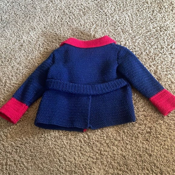 Unique Vintage Girls heavy navy & red hand knitted sweater/coat. Sz 3/4? - Picture 8 of 14